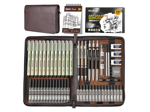 Nicpro 58 PCS Art Drawing Supplies Kit in Leather Case